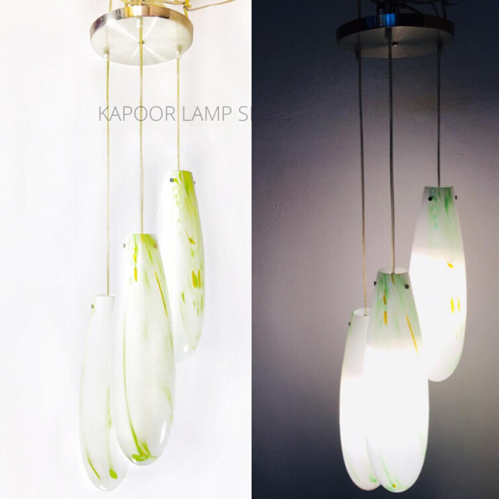 3 way long greenish white glass pendant light fitting Kapoor Lamp Shades